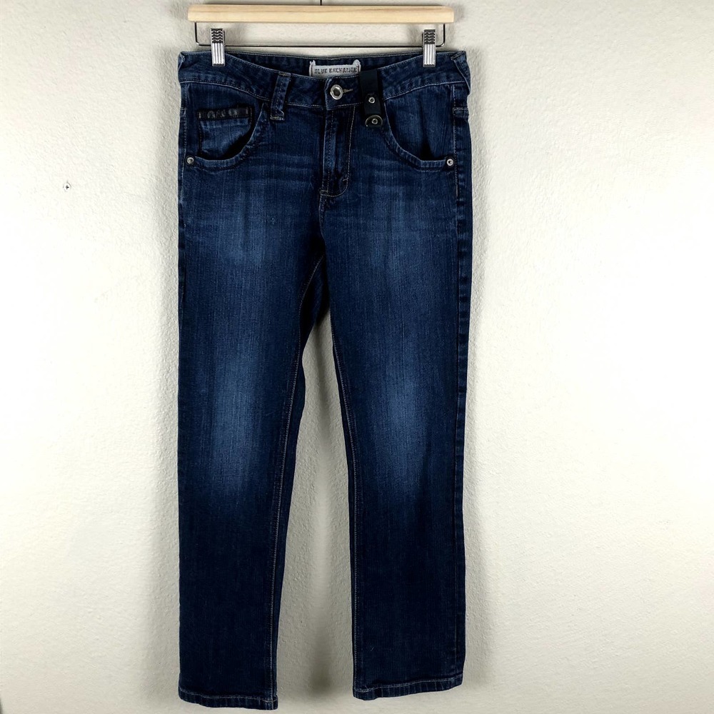 Blue Exchange Jeans Womens 31 Blue Denim Straight Black Faux Leather Trim Staple